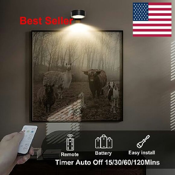 Wireless Magnetic Picture Lights 3-Pack Dimmable Timer Remote Modern Art Display - Picture 5 of 7